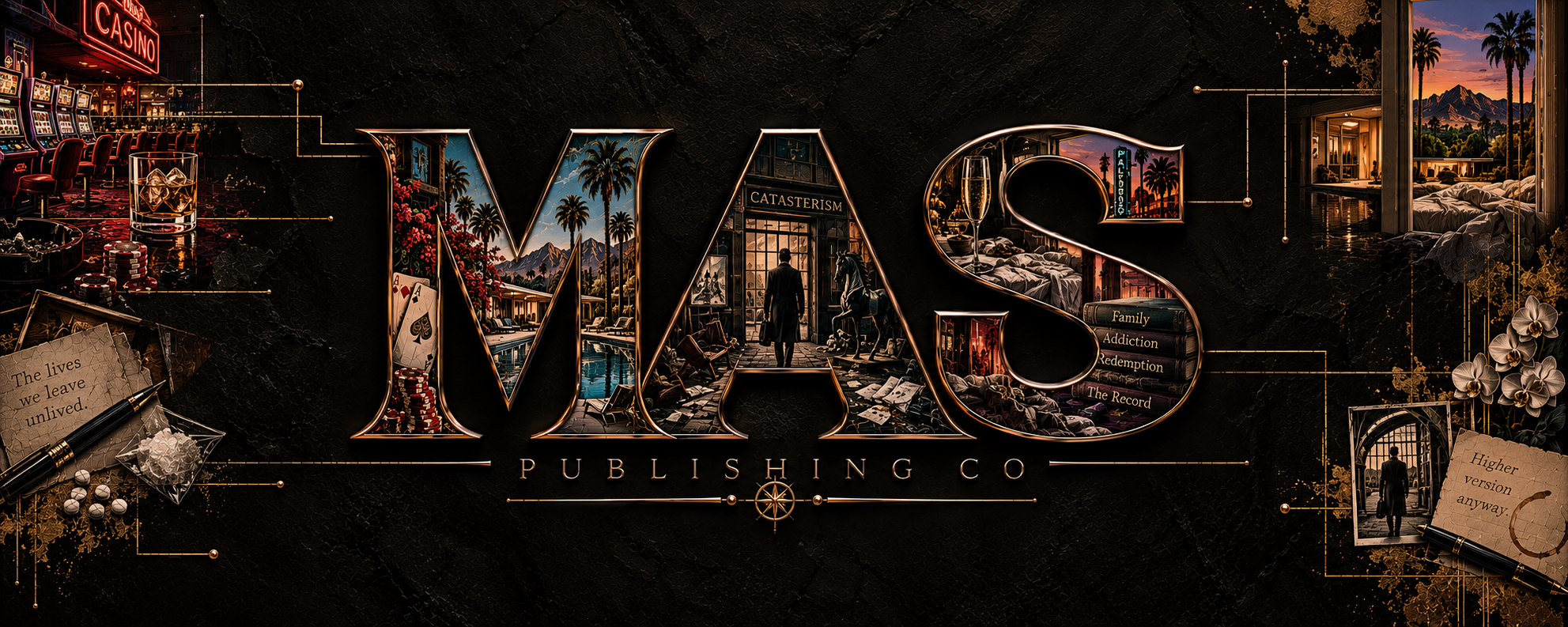MAS Publishing Co. artwork featuring its gold lettering, desert landscapes, casino imagery, and books